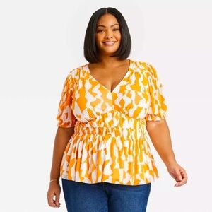 Ava & Viv Women's Blouse Puff Sleeve V-Neck Flowy Top Orange White Abstract 2X